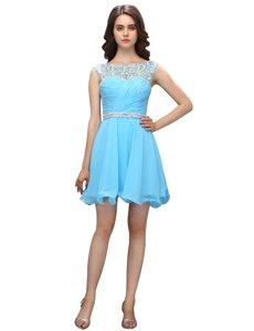 Pretty Knee Length Baby Blue Prom Dresses Organza Sleeveless Beading and Ruching