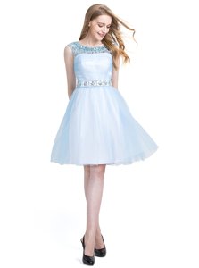 Scoop Beading Light Blue Zipper Sleeveless Knee Length