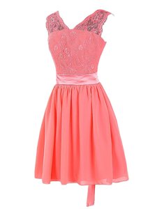 Suitable Mini Length Watermelon Red Chiffon Sleeveless Lace and Sashes|ribbons