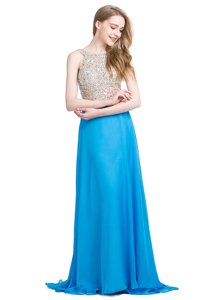 Scoop Sleeveless Chiffon Prom Dress Beading Brush Train Zipper