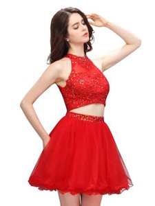 Coral Red High-neck Neckline Beading Prom Dress Sleeveless Zipper