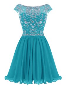 Mini Length Teal Evening Dress Scoop Cap Sleeves Zipper