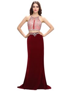 Burgundy Criss Cross Scoop Beading and Appliques Prom Dresses Elastic Woven Satin Sleeveless Sweep Train