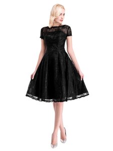 Black Bateau Neckline Lace Prom Evening Gown Short Sleeves Zipper