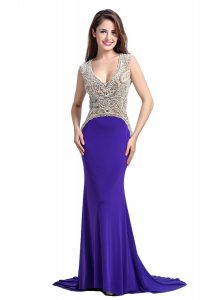 Sleeveless With Train Beading Backless Prom Evening Gown with Purple Brush Train
