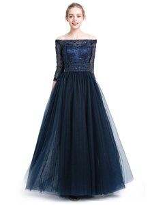 Fabulous Off the Shoulder Beading and Appliques Prom Evening Gown Navy Blue Zipper 3|4 Length Sleeve Floor Length