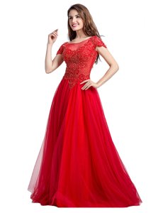 Popular Coral Red Cap Sleeves Beading Floor Length Evening Dress