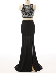 Elegant Black Two Pieces Scoop Sleeveless Chiffon With Brush Train Zipper Beading Prom Evening Gown