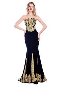 Mermaid Strapless Sleeveless With Train Sweep Train Appliques Black Satin