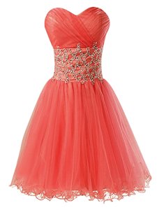 Watermelon Red Zipper Dress for Prom Beading Sleeveless Mini Length