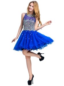 Customized Royal Blue A-line Scoop Sleeveless Tulle Mini Length Zipper Beading Dress for Prom