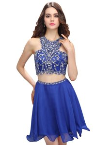 Blue Two Pieces Chiffon Scoop Sleeveless Beading Mini Length Zipper Dress for Prom