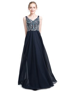 Floor Length Black Prom Evening Gown Chiffon Sleeveless Beading