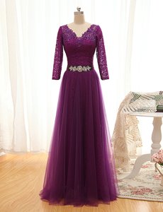 Colorful Purple Empire Beading and Lace Homecoming Dress Lace Up Tulle 3|4 Length Sleeve Floor Length