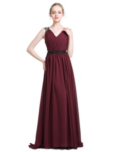 Glorious Lace Prom Gown Burgundy Zipper Sleeveless With Brush Train