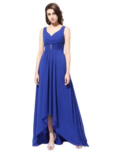 Clearance Royal Blue Column/Sheath Chiffon V-neck Sleeveless Ruching With Train Zipper Evening Dress Brush Train