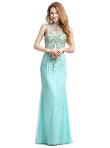 Pretty Turquoise Tulle Zipper Dress for Prom Sleeveless With Brush Train Beading