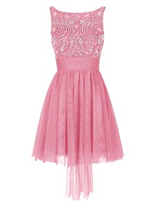 Pink Empire Tulle Bateau Sleeveless Beading Mini Length Zipper Prom Dresses