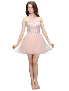 Fantastic Organza High-neck Sleeveless Zipper Beading Prom Gown in Baby Pink