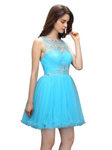 Noble Scoop Aqua Blue Sleeveless Organza Zipper Prom Gown for Prom and Party