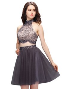 Classical Sleeveless Mini Length Beading Zipper Prom Gown with Black