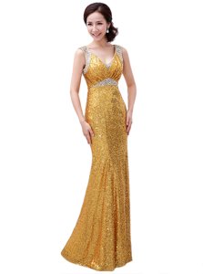 Eye-catching V-neck Sleeveless Sequined Prom Dresses Sequins Zipper