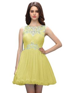 Gorgeous Scoop Sleeveless Prom Evening Gown Mini Length Beading Light Yellow Organza