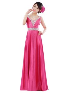 Hot Selling Floor Length Hot Pink Elastic Woven Satin Sleeveless Beading