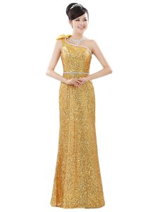 Traditional One Shoulder Gold Column/Sheath Beading and Sequins Prom Party Dress Zipper Sequined Sleeveless Floor Length