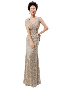 Sleeveless Sequined Floor Length Zipper Homecoming Dress in Champagne for with Sequins
