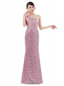 High End One Shoulder Pink Column/Sheath Sequins Prom Dresses Zipper Sequined Sleeveless Floor Length