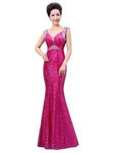 Fuchsia Column/Sheath Sequined V-neck Sleeveless Sequins Floor Length Zipper Prom Party Dress