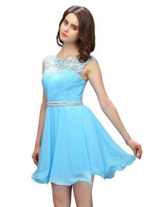 Scoop Baby Blue Chiffon Zipper Prom Party Dress Sleeveless Mini Length Beading