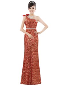 Artistic One Shoulder Orange Sleeveless Floor Length Beading and Sequins Zipper Prom Gown