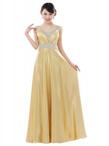 Popular Gold Column/Sheath Chiffon V-neck Sleeveless Beading Floor Length Zipper Homecoming Dress