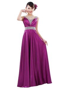 Perfect Sleeveless Floor Length Beading Zipper Evening Dress with Fuchsia