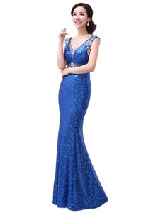 Stylish V-neck Sleeveless Prom Evening Gown Floor Length Sequins Royal Blue Sequined
