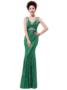 Fashionable V-neck Sleeveless Floor Length Sequins Green Sequined