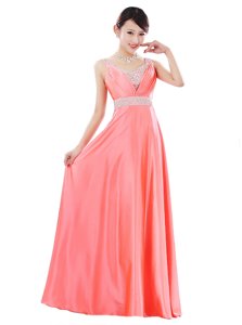 Floor Length Watermelon Red Prom Evening Gown V-neck Sleeveless Zipper