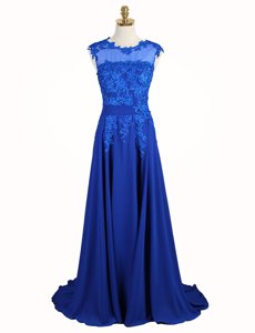 Scoop Royal Blue Prom Dresses Chiffon Brush Train Sleeveless Appliques