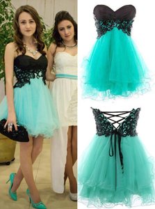 Custom Design Sleeveless Tulle Mini Length Zipper in Turquoise for with Appliques