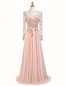 Glorious Scoop Long Sleeves Sweep Train Beading Backless Prom Gown
