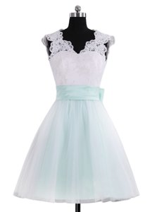 Most Popular Tulle V-neck Sleeveless Zipper Lace and Sashes|ribbons Homecoming Dress in Blue And White