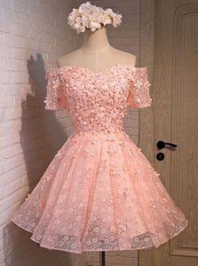 Unique Off the Shoulder Sleeveless Mini Length Appliques Lace Up Prom Party Dress with Peach