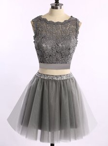 Super Scoop Sleeveless Mini Length Lace Zipper Dress for Prom with Grey