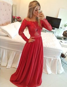 Romantic Off the Shoulder Floor Length Red Chiffon Long Sleeves Appliques