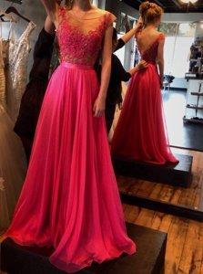 Comfortable Scoop Sleeveless Homecoming Dress Floor Length Appliques Red Chiffon