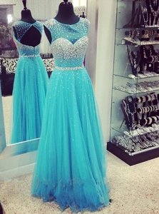Flirting Mermaid Aqua Blue Dress for Prom Chiffon Sweep Train Sleeveless Beading