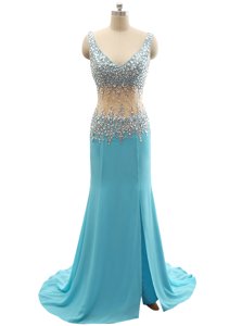 Mermaid Aqua Blue Prom Evening Gown Prom and For with Beading V-neck Sleeveless Brush Train Zipper