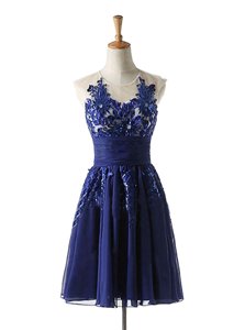 Scoop Sleeveless Knee Length Appliques Backless Prom Party Dress with Navy Blue